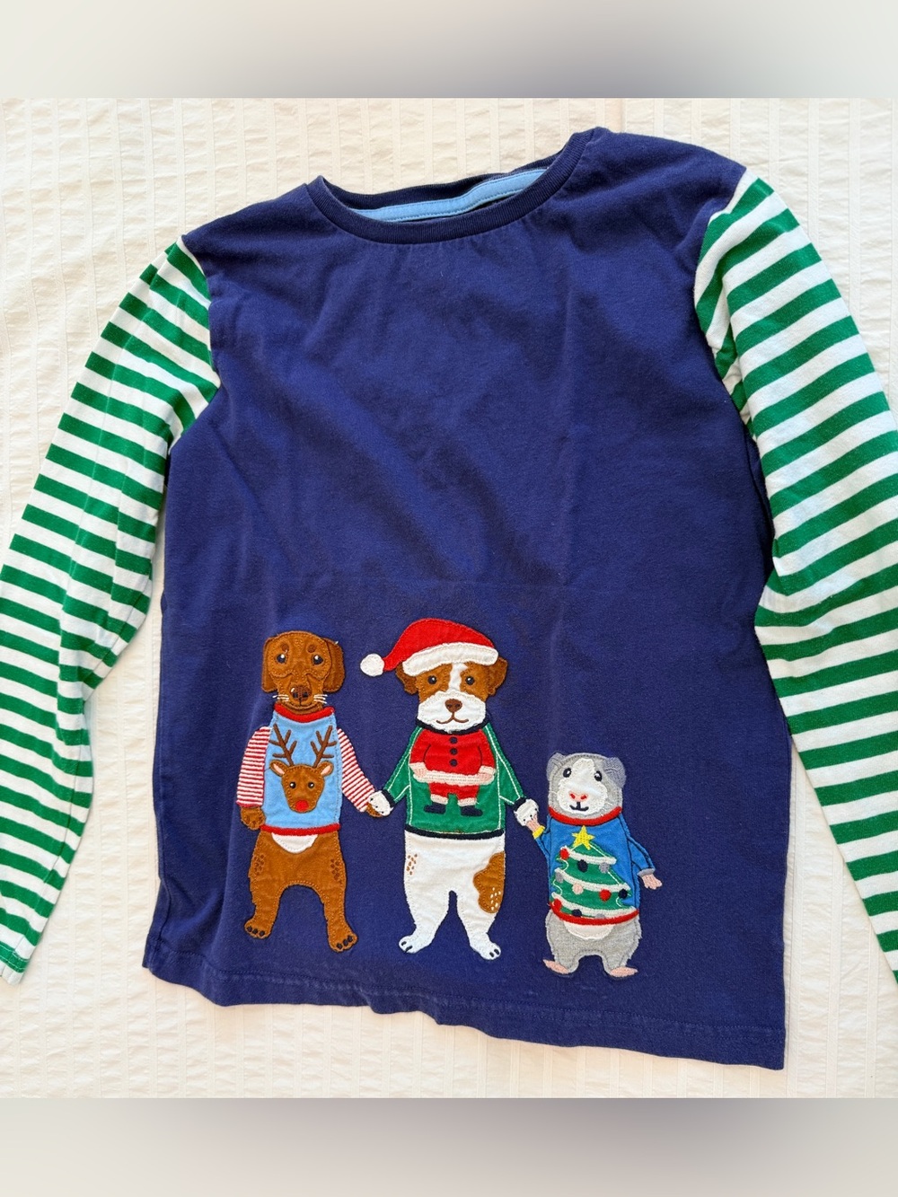 Mini Boden Holiday Dogs Appliqué Long Sleeve Tee. Size:9-10/140